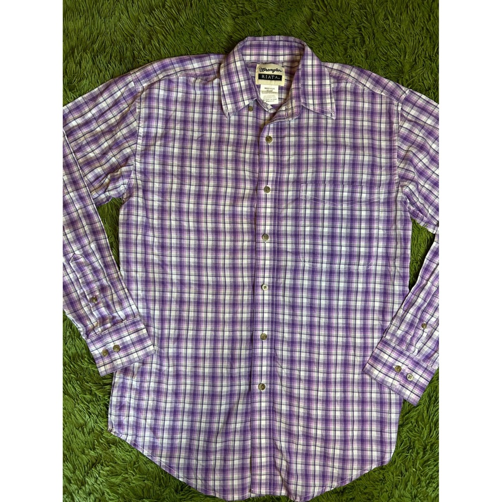 Wrangler Button Down Mens S Purple Riata Plaid Western Long Sleeve Shirt READ